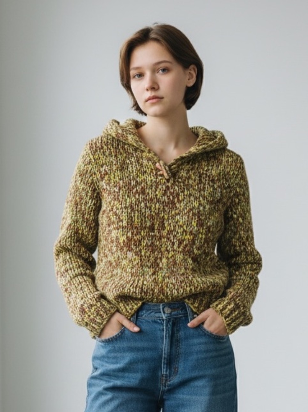 Vintage Y2K Chunky Knit Textured Hooded Sweater in Olive Mix Wool Blend